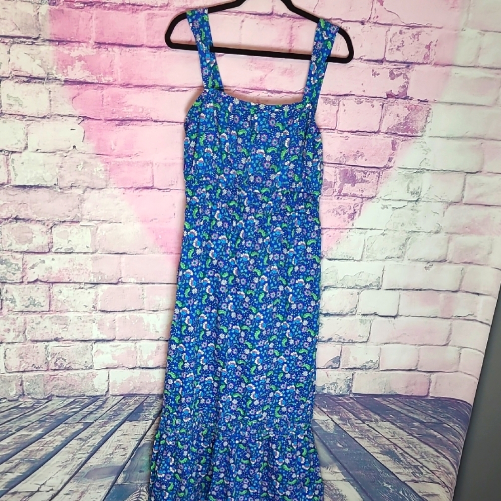 LOFT FLORAL SHIRRED FLOUNCE MAXI DRESS BLUE LARGE